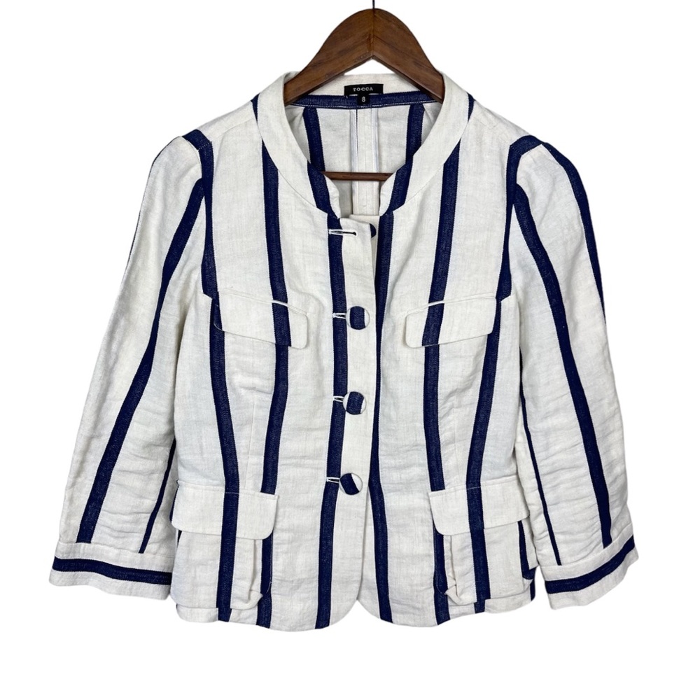 Tocca Cream and Navy Striped Linen Blend Blazer